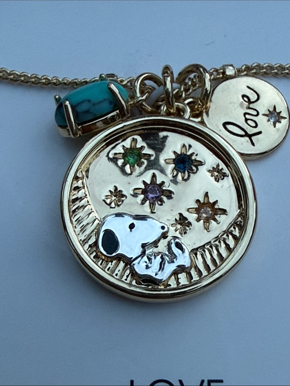Peanuts Snoopy 14k Gold Flash Plated Love Necklace with Turquoise Accent
